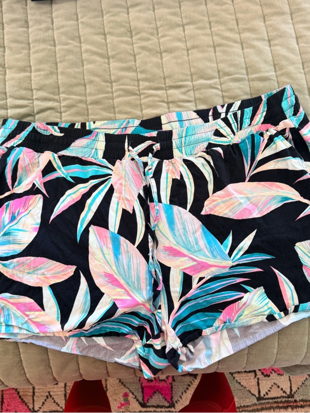 torrid Black Drawstring Shorts with Teal and Pink Leaf Print